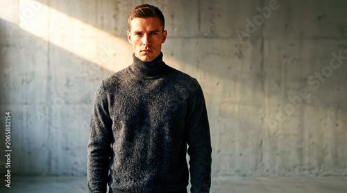 Sophisticated male model wearing a premium charcoal gray cashmere turtleneck sweater stands in a centered composition within a minimalist architectural studio featuring smooth concrete walls and