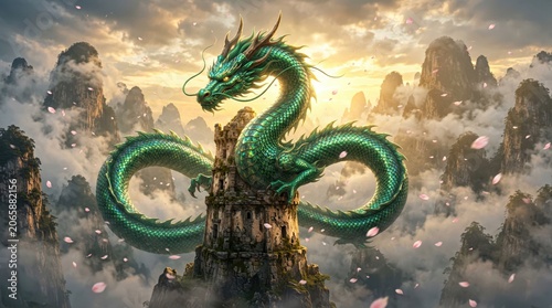 Majestic ancient Eastern dragon with iridescent emerald scales and flowing whiskers coiled around a weathered stone pagoda on a misty mountain peak, cinematic fantasy illustration for digital