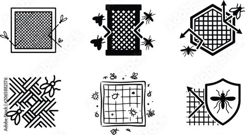 Mosquito protective screen net frame icon collection showing window insect mesh domestic fly barrier anti bug shielding and household hygiene management