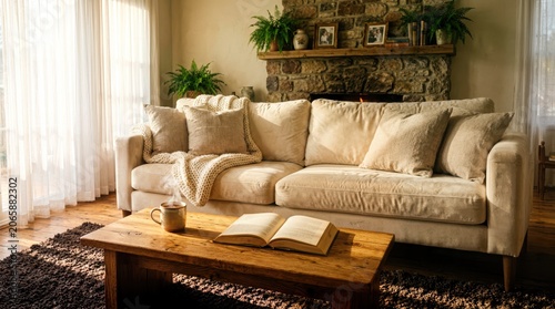 Cozy living room featuring a plush cream velvet sofa with chunky knit blankets and oversized linen pillows on a rustic oak coffee table in a wide-angle interior design shot for home decor