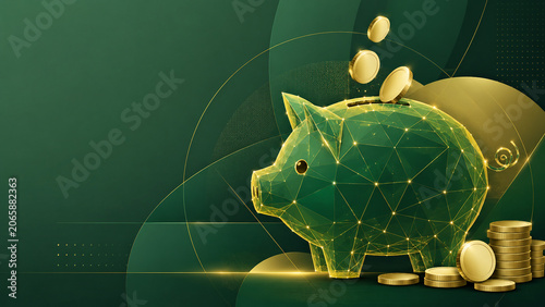 Modern green piggy bank with glowing digital network lines and falling gold coins, fintech savings and investment concept with copy space.