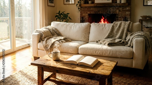 Cozy living room interior featuring a plush cream sofa with textured wool throw blankets and a rustic wooden coffee table holding a steaming ceramic mug in a wide-angle shot for home decor design