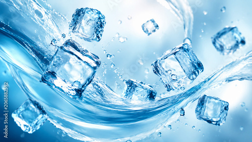 Refreshing ice cubes floating in clear blue water waves with sparkling droplets, cool abstract background for drinks and freshness concepts.