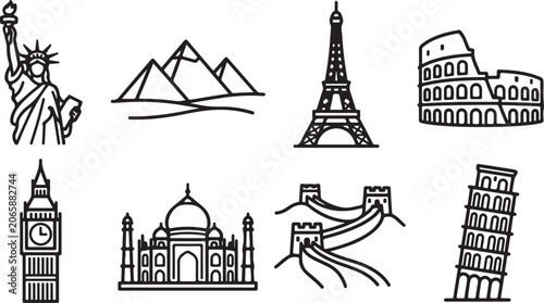 Bild auf Leinwand Line drawing icons of famous global landmarks