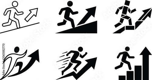 Human figure running up arrow chart icon set representing financial progress career promotion swift business growth positive trend and milestone acceleration