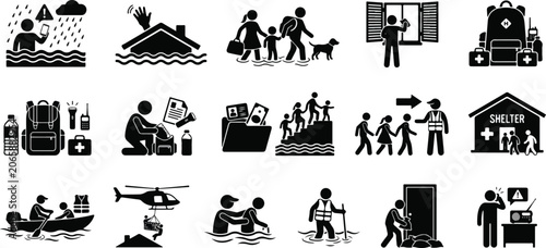 Natural disaster flood evacuation and emergency survival safety stick figure icon set.