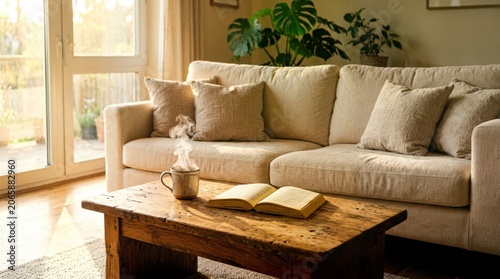 Cozy living room interior featuring a plush cream-colored sofa with textured linen pillows and a rustic wooden coffee table in a wide-angle shot, perfect for modern home design and decor