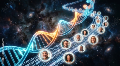Digital DNA Helix with Diverse People and Binary Code in Cosmic Background.