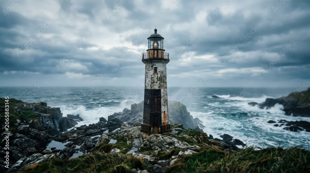 Fototapeta premium Dramatic Lighthouse on Rocky Coastline Amidst Stormy Seas.
