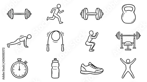 Fitness icons with workout equipment.