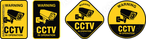 CCTV warning sign collection. Yellow and black security camera alert badges for video surveillance and 24 hour property protection. Vector illustration.