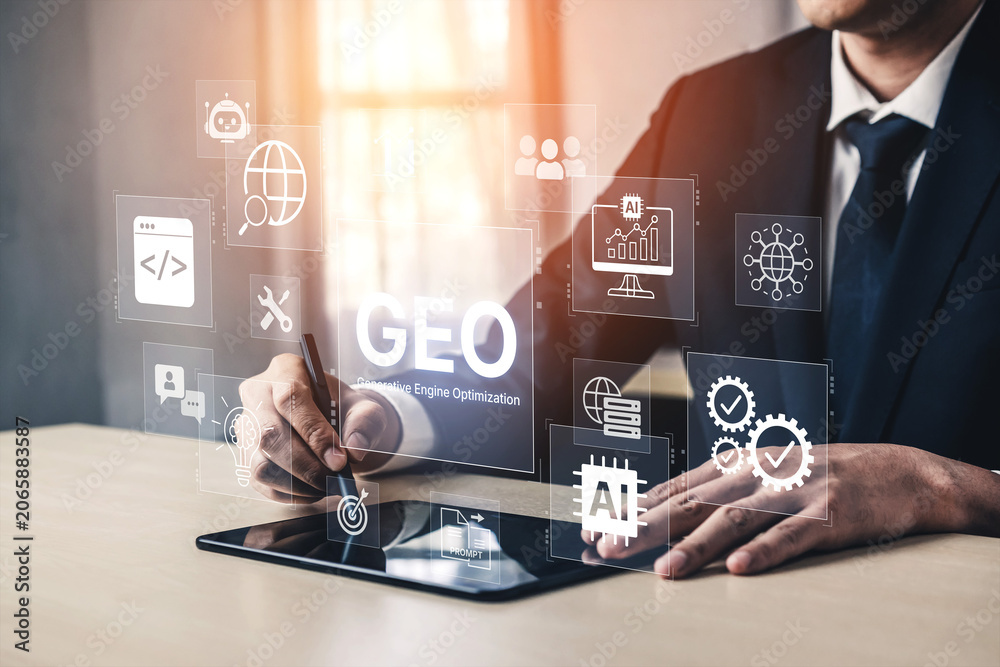 Obraz premium Digital marketing concept featuring GEO strategy, optimizing content for AI search engines and large language models. Evolution of SEO, brand authority, and AI citation visibility. Corpus
