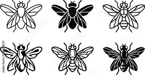 House fly insect pest control icon collection showing macro parasitic bug flying wing details infestation management hygiene threat and nature vector silhouette