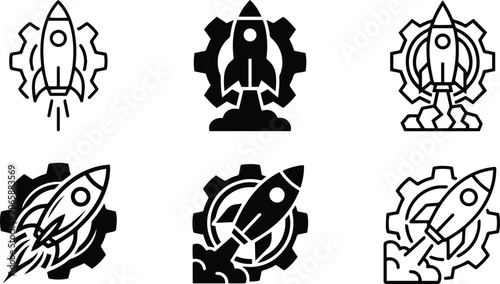 Rocket launcher startup gear mechanism icon set representing innovative business strategy engine boost project development fast growth and execution graphics