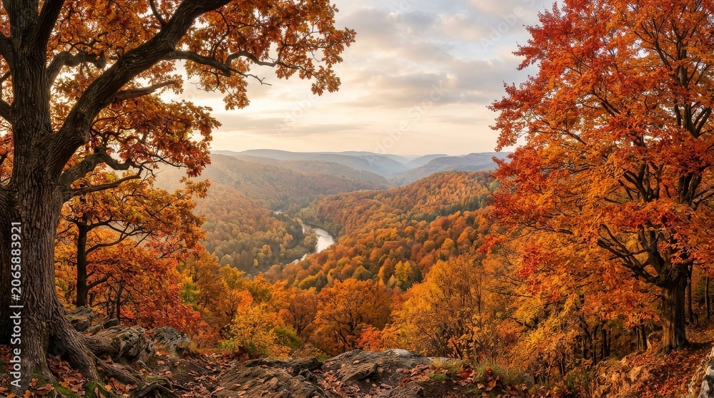 Fototapeta premium Panoramic view of a forest valley in peak fall foliage