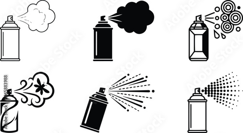 Aerosol spray can icon collection showing pesticide application insect killer container paint spraying chemical deodorant fluid and pressurized mist graphics