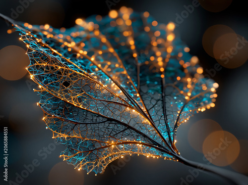 A translucent digital leaf crafted from glowing cool blue mesh veins and warm golden sparkling nodes hovers over dark glossy reflective surface, luminous vein lines shimmer 
