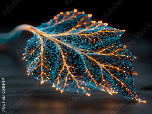 A translucent digital leaf crafted from glowing cool blue mesh veins and warm golden sparkling nodes hovers over dark glossy reflective surface, luminous vein lines shimmer 