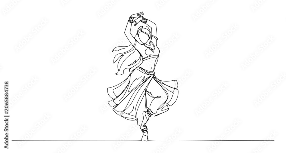 Obraz premium indian woman traditional dance pose vector engraving monoline