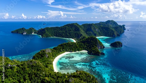 Aerial view of tropical island paradise with turquoise waters.