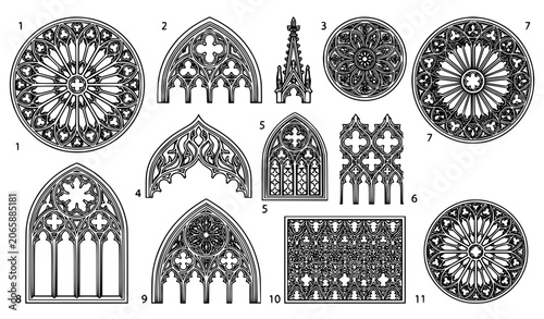 Foto Gothic stained glass window vector collection with cathedral tracery rose window