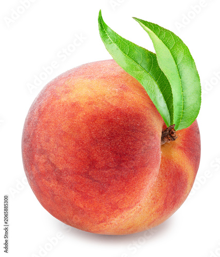 Ripe peach with two leaves isolated on white background. File contains clipping path.