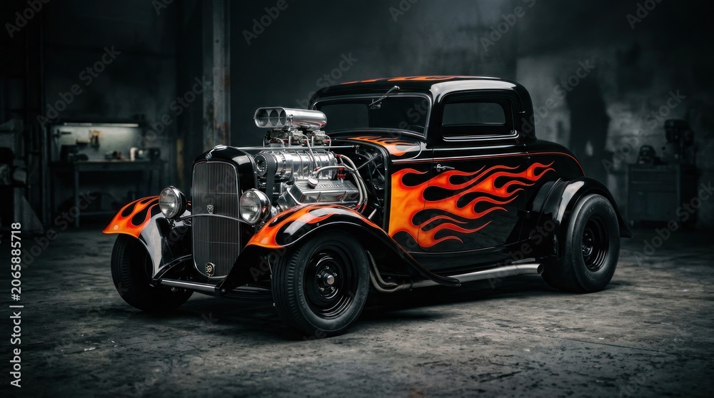 Fototapeta premium Vintage Hot Rod Coupe with Fiery Flames and Powerful Engine.