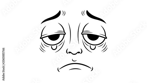 Obraz na plátně Sad and Crying Cartoon Face with Tears on Isolated White Background