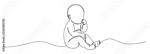 Photos vector monoline engraving of baby sitting and sucking thumb