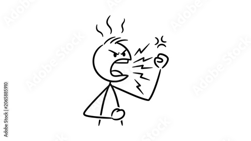 Angry Stick Figure Person Yelling and Shouting with Aggressive Expression, Isolated White Background