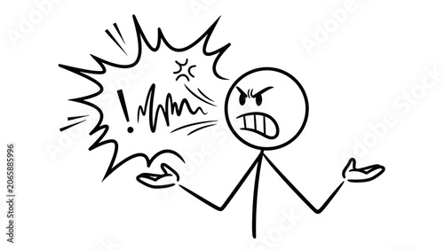 Obraz na płótnie Angry Stick Figure Man Yelling Loudly with Lightning Bolt Symbols, Expressing Frustration and Rage, Isolated White Background