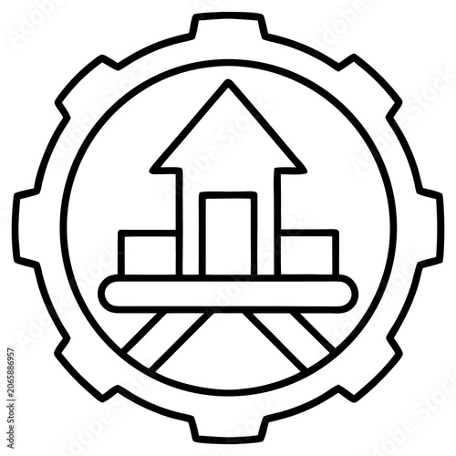 Industrial factory building icon inside gear wheel line art symbol.