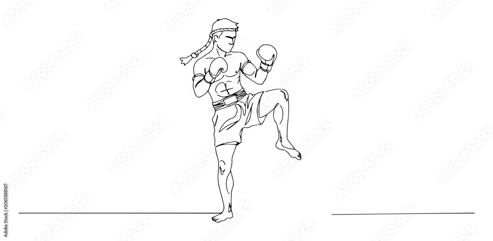 Obraz premium vector engraving monoline drawing of muay thai kickboxer