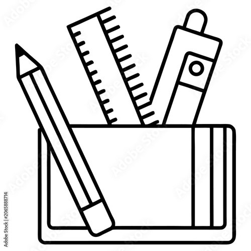 School supplies stationery and instruments line art vector illustration on white background.