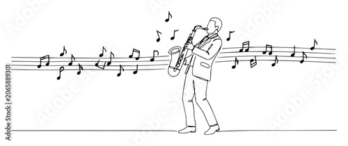 Photos saxophonist with music notes icon – jazz performance