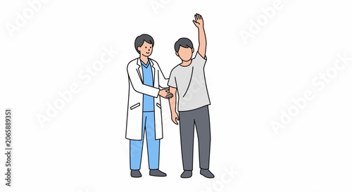 Doctor examining patient's arm movement during medical checkup or physiotherapy session