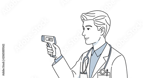 Doctor holding infrared thermometer, checking body temperature, medical checkup illustration
