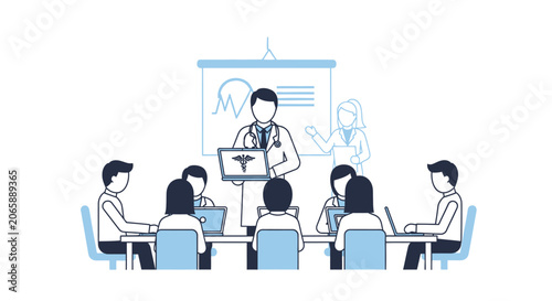 Doctor leading medical presentation with charts and caduceus symbol