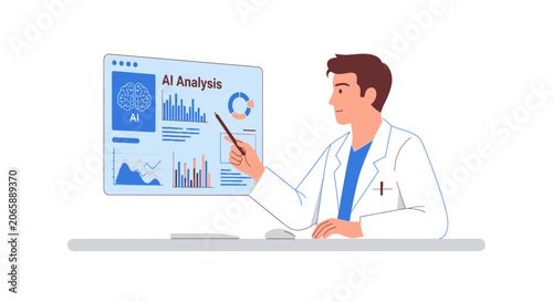 Doctor presents AI analysis of brain data on computer screen, medical research