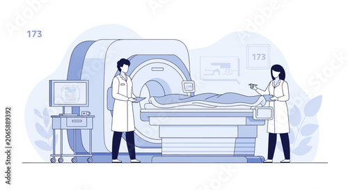 Medical Scan, MRI Machine, Doctors and Patient, Healthcare Illustration