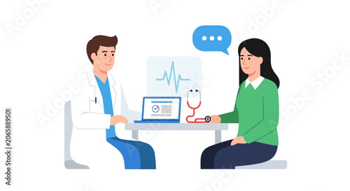 Doctor consulting patient in clinic, EKG on screen, healthcare concept