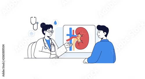 Doctor consulting patient about kidney health on screen illustration