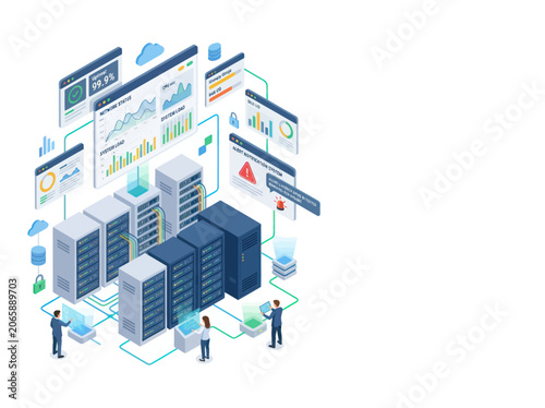 Data center servers and network infrastructure with analytics dashboards.