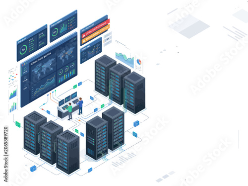 Modern data center with servers and monitoring screens.