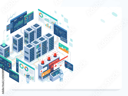 Modern Data Center Server Racks with Network Monitoring Screens.