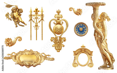 Schilderij op canvas Set of golden baroque ornaments and statues on transparent background