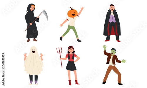 Halloween characters set. Pumpkin head, devil, vampire, ghost, zombie and grim reaper vector collection. Isolated on white background