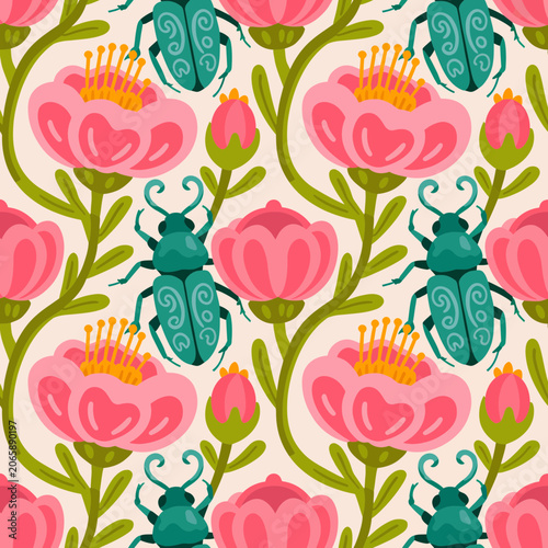Decorative seamless pattern featuring pink floral blooms and teal beetles with ornamental details on a light background