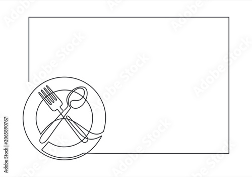 Minimalist continuous one line drawing of a plate fork knife and spoon isolated on white background vector illustration