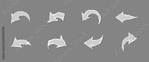 Ripped paper texture curved arrows vector icon set isolated on white background. Clean torn edge pointer elements bundle for creative infographics, collages, and scrapbook designs. Torn Paper Curved 